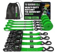 Rhino USA Lot 4 Sangles d'Arrimage à Cliquet - Résistance Rupture Max 2000 kg - Sangle a Cliquet 4cm x 2.4m Poignées Rembourrées - Sangle de Demenagement Moto Remorque Camion- Vert