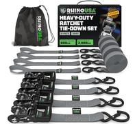 Rhino USA Lot 4 Sangles d'Arrimage à Cliquet - Résistance Rupture Max 2000 kg - Sangle a Cliquet 4cm x 2.4m Poignées Rembourrées - Sangle de Demenagement Moto Remorque Camion - Gris