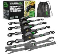 Rhino USA Sangles à Cliquet Rétractables (Paquet de 4) - 2.5cm x 3m (540kg Résistance à la Rupture) - Sangles d’Arrimage Automatiques et Robustes pour Camion, Remorque, Moto, Vélo & Plus - Gris