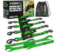 Rhino USA Sangles à Cliquet Rétractables (Paquet de 4) - 2.5cm x 3m (540kg Résistance à la Rupture) - Sangles d’Arrimage Automatiques et Robustes pour Camion, Remorque, Moto, Vélo & Plus - Vert