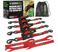 Rhino USA Sangles à Cliquet Rétractables (Paquet de 4) - 2.5cm x 3m (540kg Résistance à la Rupture) - Sangles d’Arrimage Automatiques et Robustes pour Camion, Remorque, Moto, Vélo & Plus - Rouge
