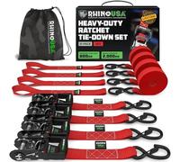 Rhino USA Sangles d'arrimage à Cliquet - Résistance à la Rupture 2000 kg, 4 Sangles à Cliquet et Poignées Rembourrées 4cm x 2.4m - Sangles de Fixation pour Déménagements et Arrimage - Rouge