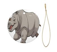(rhinocéros animal) Impression personnalisée de Noël en céramique ornement pendentif rond avec ficelle dorée pour arbre, cadeau, affichage au détail, décoration en vrac.