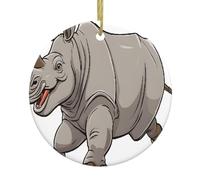 rhinocéros animaux - Imprimer prêt à accrocher décoration de Noël en céramique, pendentif rond personnalisé chaîne dorée pour arbre, mariage, décoration de détail.