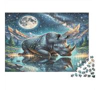 Rhinocéros Noir Papier Rhinocéros ailé dans Un lac la Nuit étoilée Kit Puzzle Cadeau d’Anniversaire d’entraînement cérébral 70x50cm/1000 pièces