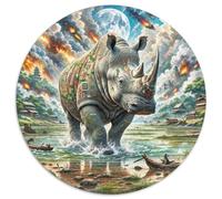 Rhinocéros Portant des vignes 1000 Pièces Jigsaw Puzzles Art Puzzle Circulaire pour Enfants Décompression Jeu D'Intelligence De l'art De La DécoRat ION Moderne 1000pcs (67.5x67.5cm)