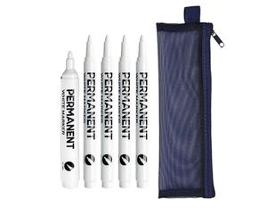 RhiVrillion 5 Marqueurs Blancs Indélébiles (4 Fins + 1 Large) avec Trousse de Rangement, Marqueur Permanent Blanc Résistant à l‘Eau pour Tissu, Métal, Verre