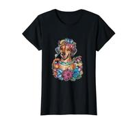 Rhodesian Ridgeback et Belles Fleurs T-Shirt Graphique avec Valeur, Femme, Noir, XL