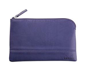 RHODIA 116537C - Pochette Zippée en Simili Cuir - Bleu Nuit - Taille S (11 x 17 cm) - Coutures Véritables - Intérieur Tissu Orange - Rangement Documents, Petites Fournitures