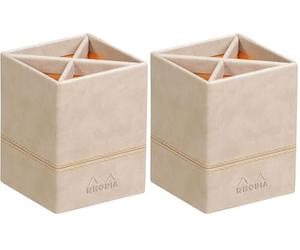 Rhodia 318815C - Pot à Crayons Beige - 8 x 8 x 11 cm - Piqûres Sellier Orange - Extérieur Simili Cuir - Collection Home Office rama - Organisation de Bureau & Rangement Design (Lot de 2)