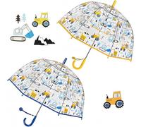 Rhomba Parapluie à bulles transparent pour enfants - Léger et mignon - 8 nervures en fibre - Dôme mignon - Parfait pour la marche des enfants, Pelleteuse bleue + pelleteuse jaune
