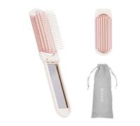 RHOS Brosse pliante avec miroir pour femmes et filles - Mini brosse à cheveux avec poils en nylon doux pour sac à main et voyage (beige)