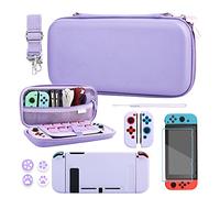 RHOTALL Étui de transport pour Nintendo Switch avec étui souple, protecteur d'écran, 4 capuchons de pouce, bracelet et bandoulière, couleur unie avec gaufrage Sakura - Violet