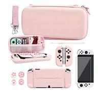 RHOTALL Sakura Étui de transport mignon en relief pour Nintendo Switch OLED avec étui rigide, protecteur d'écran, 4 capuchons de pouce, bracelet et bandoulière (rose)