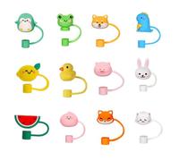 RHQFDM 12 pièces silicone animaux couverture de paille étanche à la poussière Portable couvertures de paille réutilisable couverture de paille bouchons de paille pour décor 6-8mm pailles (animal)