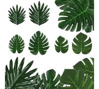 RHQFDM 48 Pcs Feuilles Palmier Artificielles - Décorations Tropicales Monstera et Palmier Vertes pour Thème de Plage Hawaïenne et Fête de la Jungle