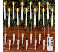 Rhytsing Lot de 12 bougies de sapin de Noël avec crochets en cristal et télécommande, bougies coniques LED à piles avec minuterie pour sapin de Noël et guirlande de cheminée