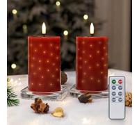 Rhytsing Lot de 2 Bougies LED Rouge Bordeaux en Cire Véritable avec Telecommande, Effet scintillant de la fibre optique, Bougies Noël à Piles avec 6 AA Piles Incluses - H 12,5 cm