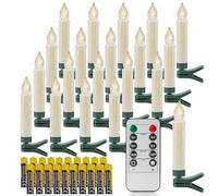 Rhytsing Lot de 20 bougies LED à clip H 10,5 cm sans flamme avec télécommande pour sapin de Noël, bougies LED à piles en plastique avec minuteur résistantes à l'eau, 20 piles incluses