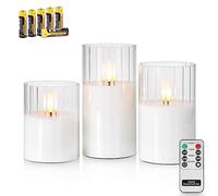 Rhytsing Lot de 3 Bougies Blanches à LED en verre Striés Classiques avec Télécommandes, Bougies Piliers pour Noël, H10cm/ 12.5cm/ 15cm