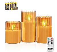 Rhytsing Lot de 3 Bougies Dorées à LED en verre Striés Classiques avec Télécommandes, Bougies Piliers pour Noël, H10cm/ 12.5cm/ 15cm