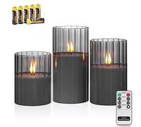 Rhytsing Lot de 3 Bougies Grises à LED en verre Striés Classiques avec Télécommandes, Bougies Piliers pour Noël, H10cm/ 12.5cm/ 15cm
