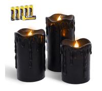 Rhytsing Lot de 3 bougies piliers à LED Noir sans flamme en cire véritable, bougies LED à piles avec minuterie pour Halloween et hiver, 6 piles incluses - H 10/12,5/15 cm
