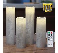 Rhytsing Lot de 4 Bougies LED en Peinture Argentée avec Télécommande, Aspect "fondu" sur le Dessus Bougies Piliers pour Noël, H 15cm/ 20,5cm