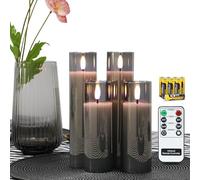 Rhytsing Lot de 4 bougies LED en verre gris à piles, bougies sans flamme avec télécommande, lumière blanche chaude, piles incluses, D 5cm, H 15cm / 20.5cm