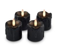 Rhytsing Lot de 4 bougies votives à LED Noir sans flamme en cire véritable, bougies LED à piles avec minuterie pour Halloween et hiver, piles incluses - ø 5 cm