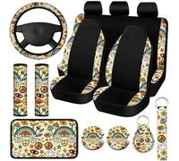 Riakrum Lot de 15 Housses de siège de Voiture Motif Champignon forêt Marguerite pour siège Avant arrière Housse de Volant Housse de Ceinture de sécurité Accoudoir Tapis de Tasse Champignon Porte-clés