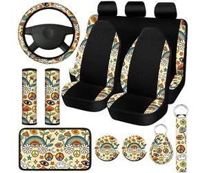 Riakrum Lot de 15 Housses de siège de Voiture Motif Champignon forêt Marguerite pour siège Avant arrière Housse de Volant Housse de Ceinture de sécurité Accoudoir Tapis de Tasse Champignon Porte-clés