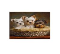 RIAVBAODG Trois Chiots Yorkshire Terrier Murale Chiot Decoration Murale Peinture Sur Toile Impression Sur Toile Affiche Décor Mural Abstrait Pour Chambre Élégante 16x24inch(40x60cm)