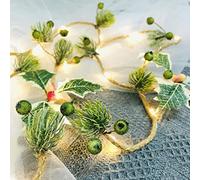 Riaxuebiy Guirlande Lumineuse en Forme D'aiguille Pin Noël avec Baies Feuilles Houx Guirlande Alimentées par Piles pour Murale Table Fête Mariage Décoration (2m/20led, Aiguilles de pin)