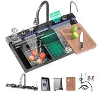 Ribanedy Evier Cuisine NuméRique Multifonction De 68 cm, Evier Cascade En Acier Inoxydable 1 bac Avec 5 Modes De Sortie D'Eau, Robinet Extractible Cascade, Lave-Gobelets Et Accessoires D'eVier