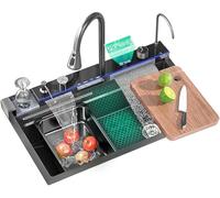 Ribanedy Evier Cuisine NuméRique Multifonction De 75 cm, Evier Cascade En Acier Inoxydable 1 bac Avec 5 Modes De Sortie D'Eau, Robinet Extractible Cascade, Lave-Gobelets Et Accessoires D'eVier