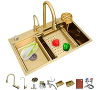 Ribanedy éVier De Cuisine Cascade Doré 80x45 cm, éVier De Cuisine Encastré En Acier Inoxydable, éVier Moderne Polyvalent à Une Cuve Avec Robinet De PulvéRisation Extractible Et Accessoires