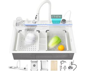 Ribanedy Évier de cuisine moderne en acier inoxydable 304 avec 5 modes de sortie d'eau, robinet extractible en cascade, rondelles de tasse et ensemble d'accessoires Blanc 74,9 cm