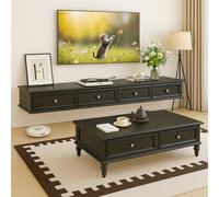 Ribanedy Meuble TV Suspendu en Bois Massif | Console multimédia de Divertissement Murale | Grand Banc de Rangement pour TV pour Salon et Bureau (Noir, 140cm)
