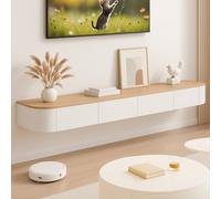 Ribanedy Meuble TV Suspendu Moderne | Console multimédia de Divertissement Murale | Grand Banc de Rangement pour TV pour Salon et Bureau (Blanc+Bois, 140cm)