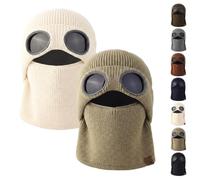 Ribbed Knit Balaclava Beanie with Goggle, Style Eye Panels, Winter Face Covering Hat for Men Women, Warm Knit Ski Mask with Neck Cover, Goggle-Style Winter Beanie for Outdoor Sports