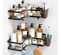 Ribech Étagère de Douche sans perçage, 2 étagères d'angle Autocollantes en Acier Inoxydable, 4 Crochets + 2 Supports à Dentifrice, Noir, pour Salle de Bain et Cuisine