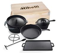 Ribelli 7 pièces Ensemble de Cuisson, Four Hollandais, Set BBQ dans Boîte en Bois, Casserole en Fonte