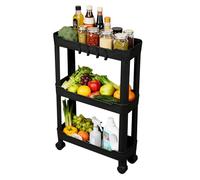 Ribelli Chariot de cuisine à 3 niveaux - Étagère de cuisine étroite sur roulettes - Étagère de niche avec 8 crochets - Chariot de service en plastique pour salle de bain, cuisine, bureau - Noir