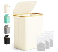 Ribelli Grand panier à linge pliable de 141 l, à 3 compartiments, avec couvercle et sac à linge amovible, pour buanderie, salle de bain, chambre à coucher, crème
