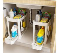 Ribelli Lot de 2 organisateurs de cuisine avec tiroir extensible, 40 x 22 x 33,8 cm, organiseur d'évier avec 8 crochets, rangement pour cuisine et salle de bain, blanc