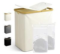 Ribelli Panier à linge pliable de 104 l, à 2 compartiments, avec couvercle et sac à linge amovible, pour buanderie, salle de bain, chambre à coucher, crème