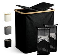 Ribelli Panier à linge pliable de 104 l, à 2 compartiments, avec couvercle et sac à linge amovible, pour buanderie, salle de bain, chambre à coucher, noir