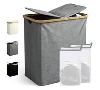 Ribelli Panier à linge pliable de 104 l, à 2 compartiments, avec couvercle et sac à linge amovible, pour buanderie, salle de bain, chambre à coucher, gris