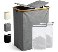 Ribelli Panier à linge pliable de 130 l, à 2 compartiments, avec couvercle et sac à linge amovible, pour buanderie, salle de bain, chambre à coucher, gris